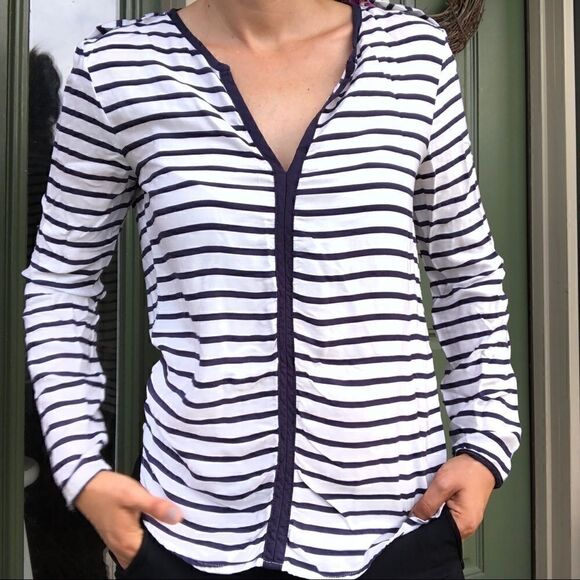 Zara Basic White Navy Striped Long Sleeve Blouse - Picture 4 of 5